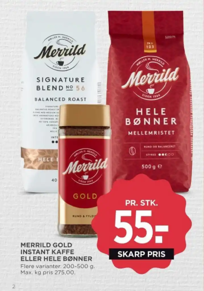 MERRILD GOLD INSTANT KAFFE ELLER HELE BØNNER tilbud hos MENY