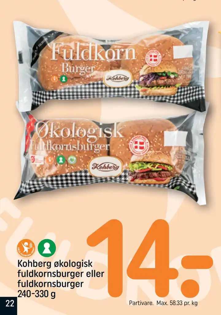 Kohberg økologisk fuldkornsburger eller fuldkornsburger 240 330 g