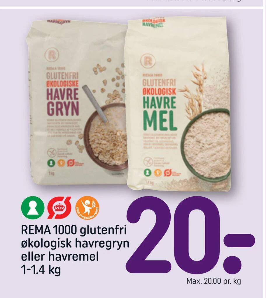 REMA 1000 glutenfri økologisk havregryn eller havremel 1 1 4 kg tilbud