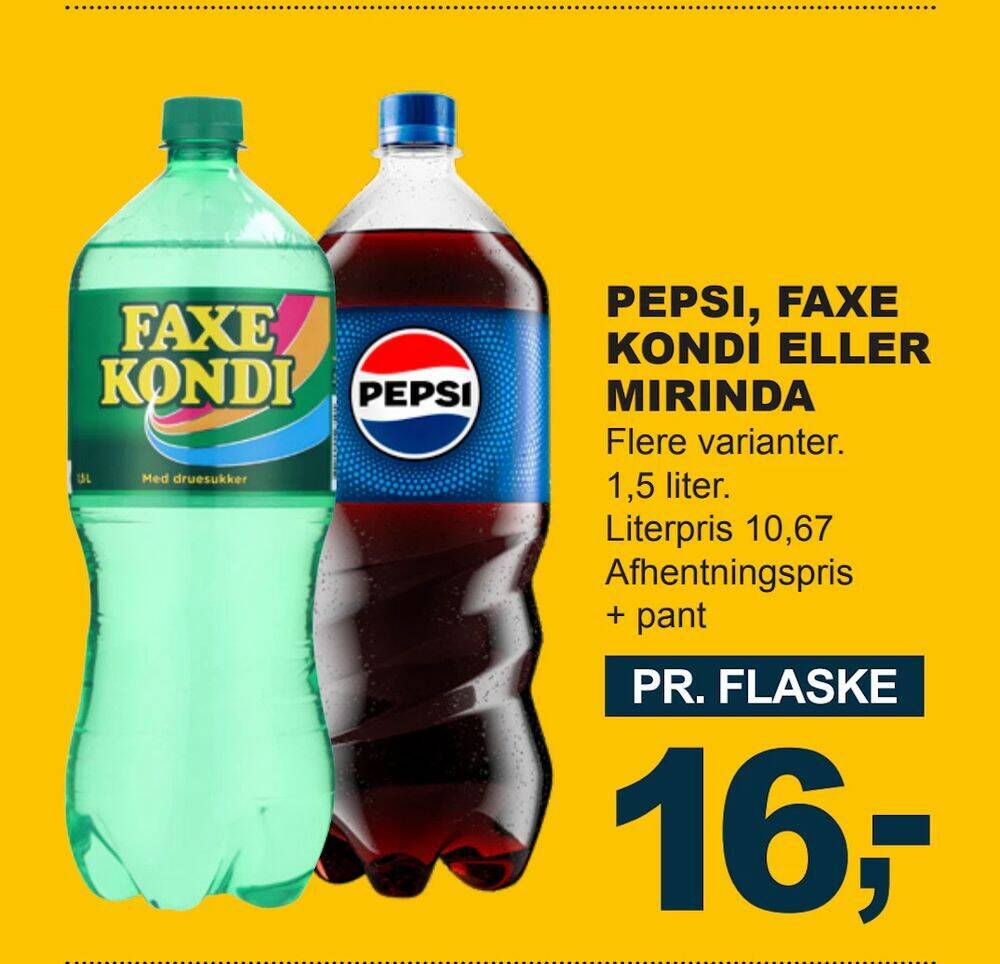 PEPSI FAXE KONDI ELLER MIRINDA tilbud hos Let Køb