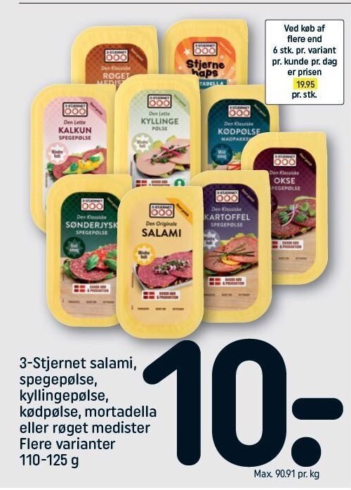 3 stjernet salami spegepølse kødpølse mortadella el røget medister