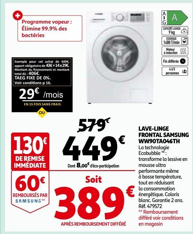 Promo Lave Linge Frontal Samsung Ww90ta046th Chez Auchan