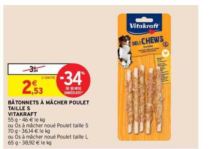 Promo Bâtonnets à mâcher poulet taille s vitakraft chez Intermarché Hyper