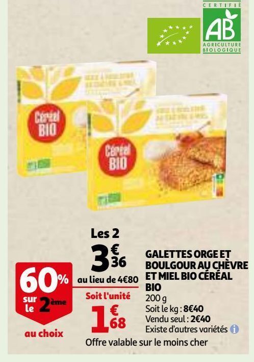 Promo Galettes Orge Et Boulgour Au Ch Vre Et Miel Bio C R Al Bio Chez