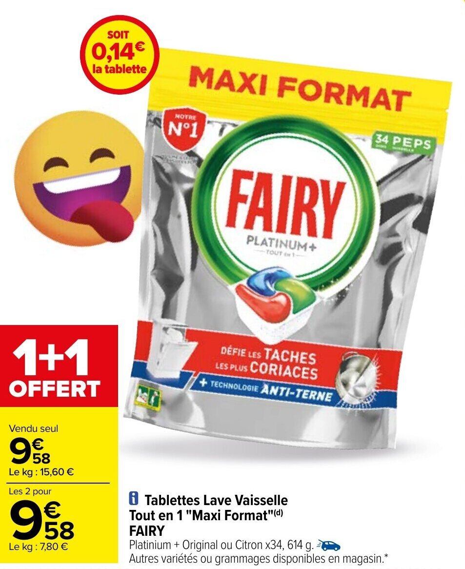 Promo Tablettes Lave Vaisselle Tout En Maxi Format FAIRY Chez Carrefour