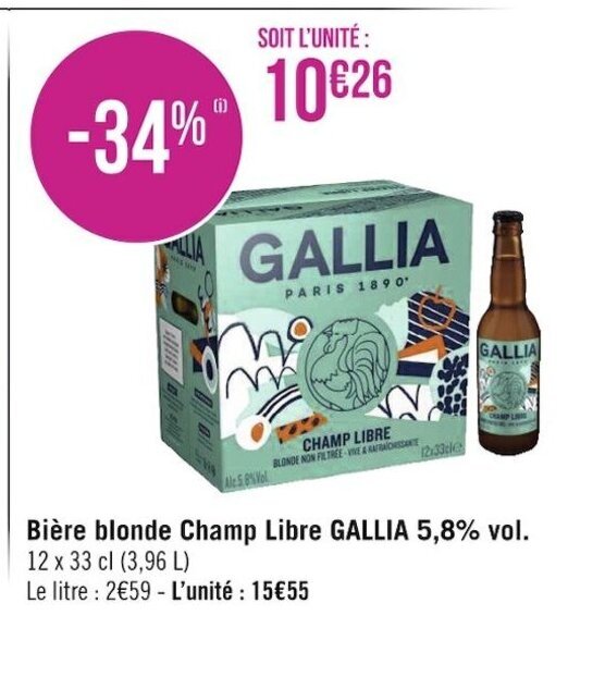 Promo Bière Blonde Champ Libre Gallia 5 8 vol chez Géant