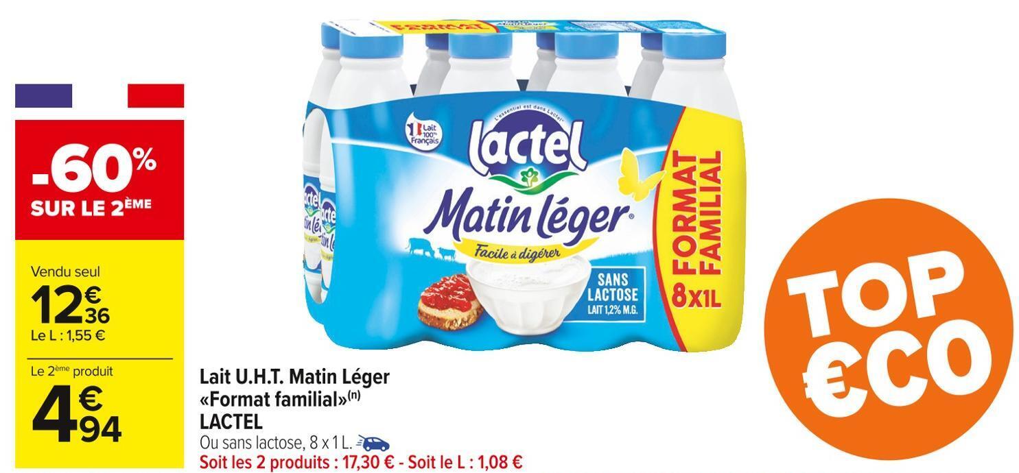 Promo Lactel Lait U H T Matin L Ger Format Familial Chez Carrefour Market