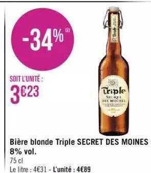 Promo Bière blonde triple secret des moines 8 vol chez Géant