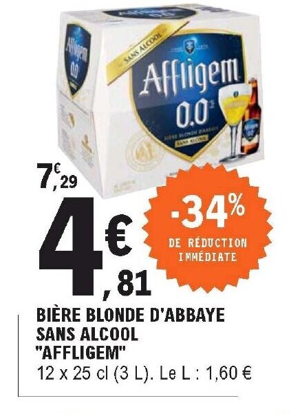 Promo Bière blonde d abbaye sans alcool affligem chez E Leclerc