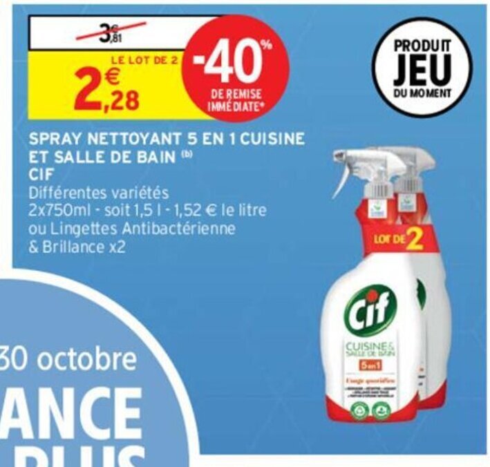 Promo Spray Nettoyant 5 En 1 Cuisine Et Salle de bain Cif chez Intermarché