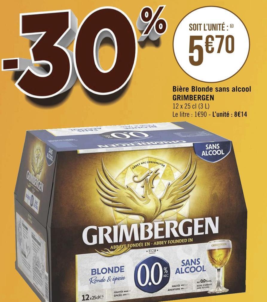 Promo Grimbergen bière blonde sans alcool chez Géant