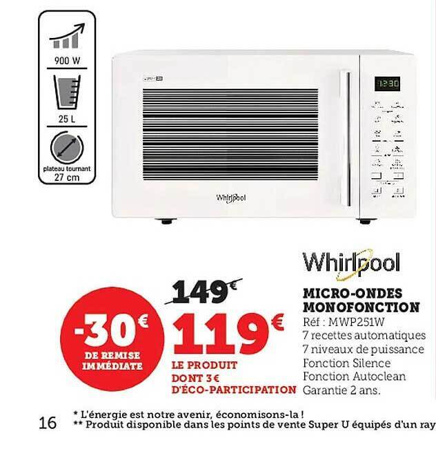 Promo Micro Ondes Monofonction Whirlpool Chez Super U