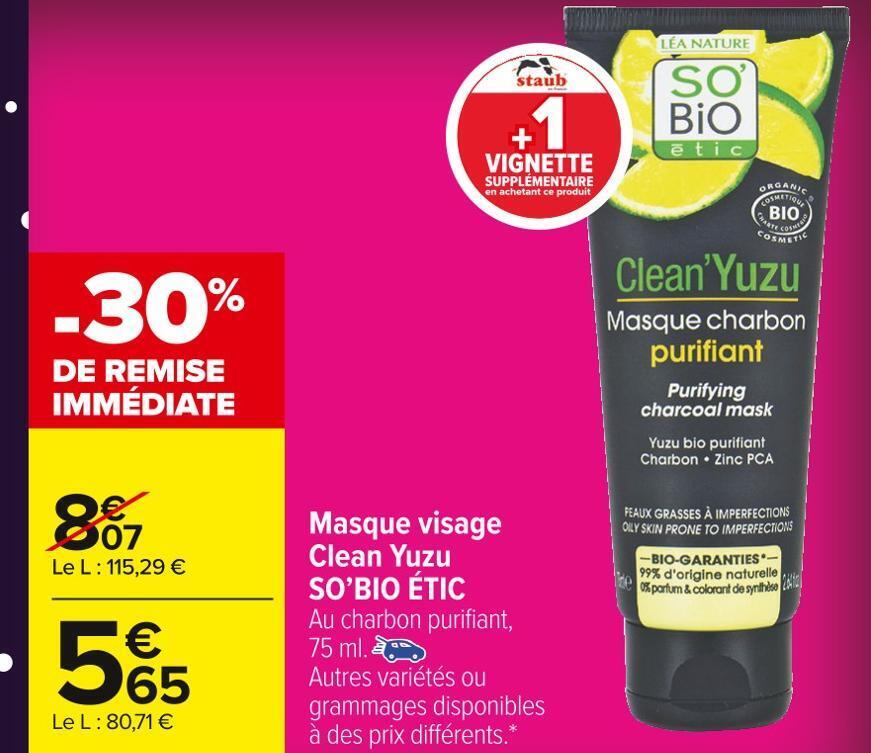 Promo Sobio étic masque visage clean yuzu chez Carrefour Market