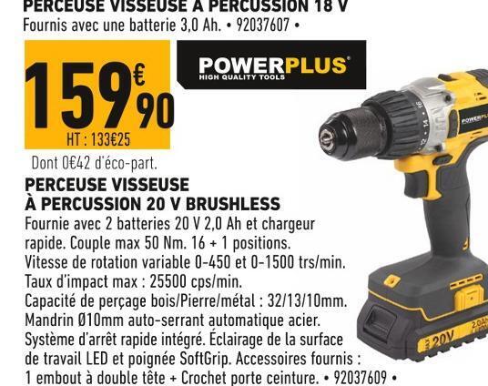 Promo Powerplus perceuse visseuse à percussion 20 v brushless chez Batkor