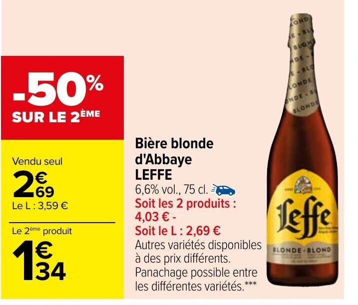 Promo Bière blonde d abbaye LEFFE chez Carrefour Market