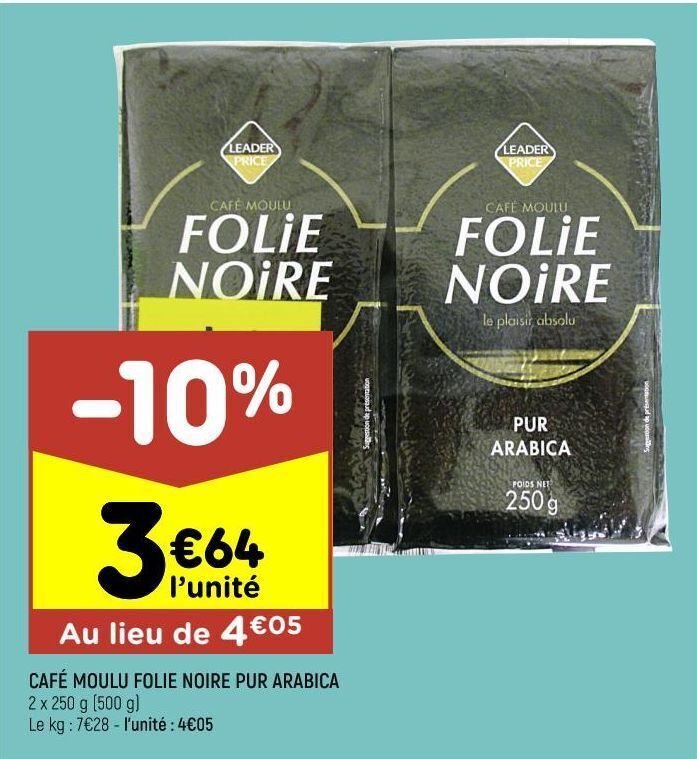 Promo Café moulu folie noire pur arabica chez Leader Price