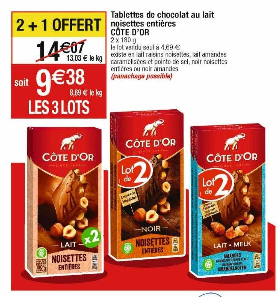 Promo Tablettes de chocolat au lait noisettes entières côte d or chez Cora