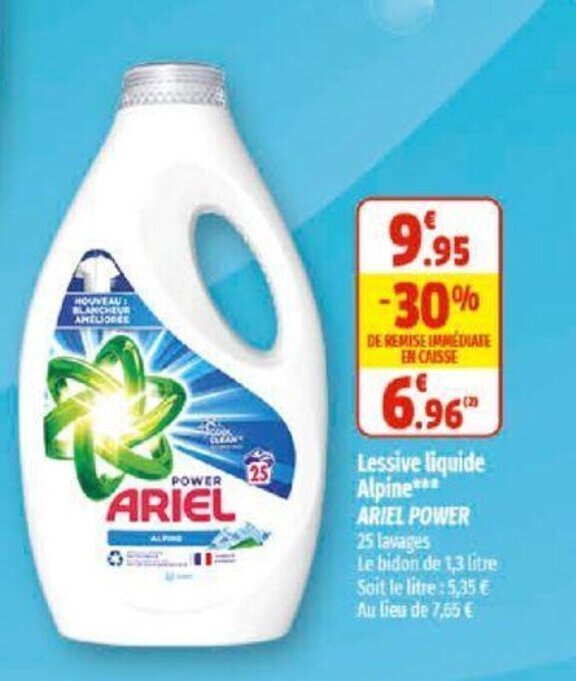 Promo Lessive liquide alpine ARIEL POWER chez Coccinelle Supermarché