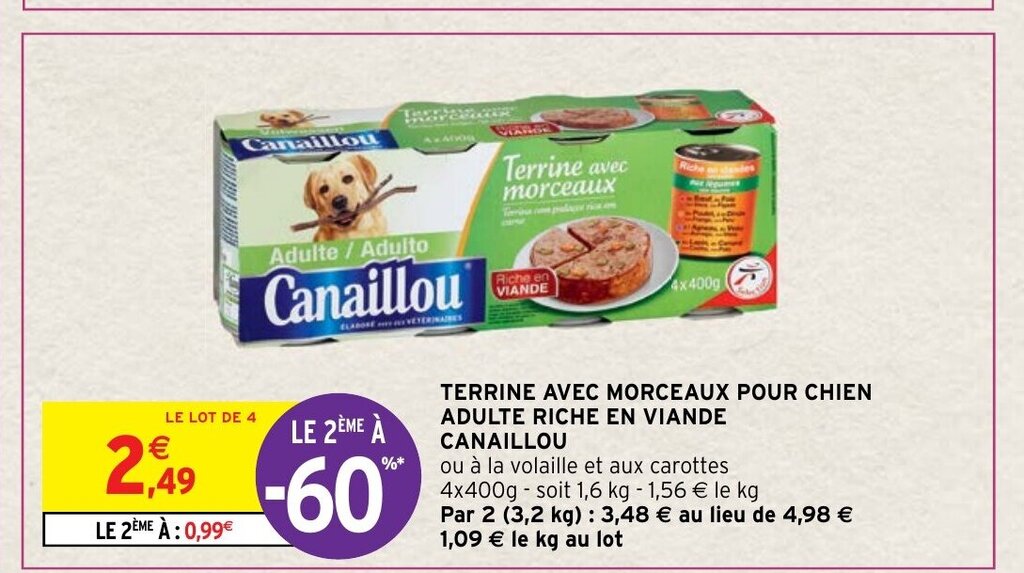 Promo Terrine Avec Morceaux Pour Chien Adulte Riche En Viande Canaillou