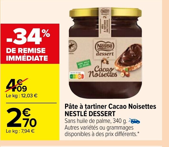 Promo Pâte à tartiner cacao noisettes NESTLE DESSERT chez Carrefour