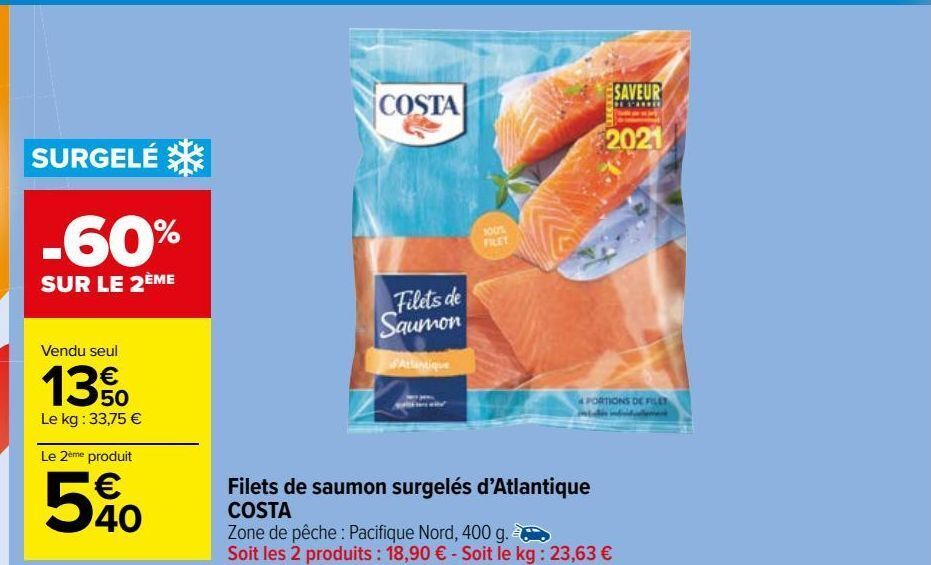 Promo Filets de saumon surgelés datlantique costa chez Carrefour Market