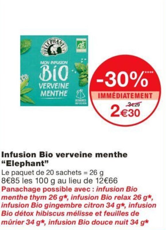 Promo Infusion Bio Verveine Menthe Elephant Chez Monoprix