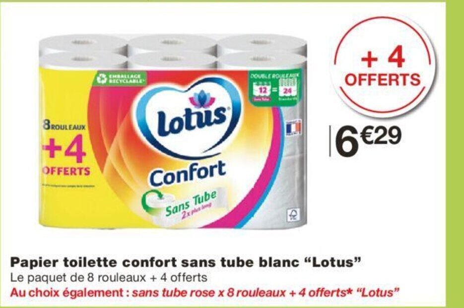 Promo Papier Toilette Confort Sans Tube Blanc Lotus Chez Monoprix