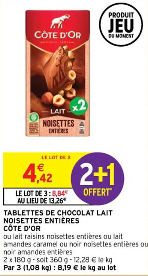 Promo Tablettes de chocolat lait noisettes entières COTE D OR chez