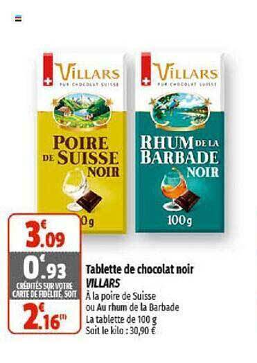 Promo Tablette de chocolat noir villars chez Coccinelle Supermarché