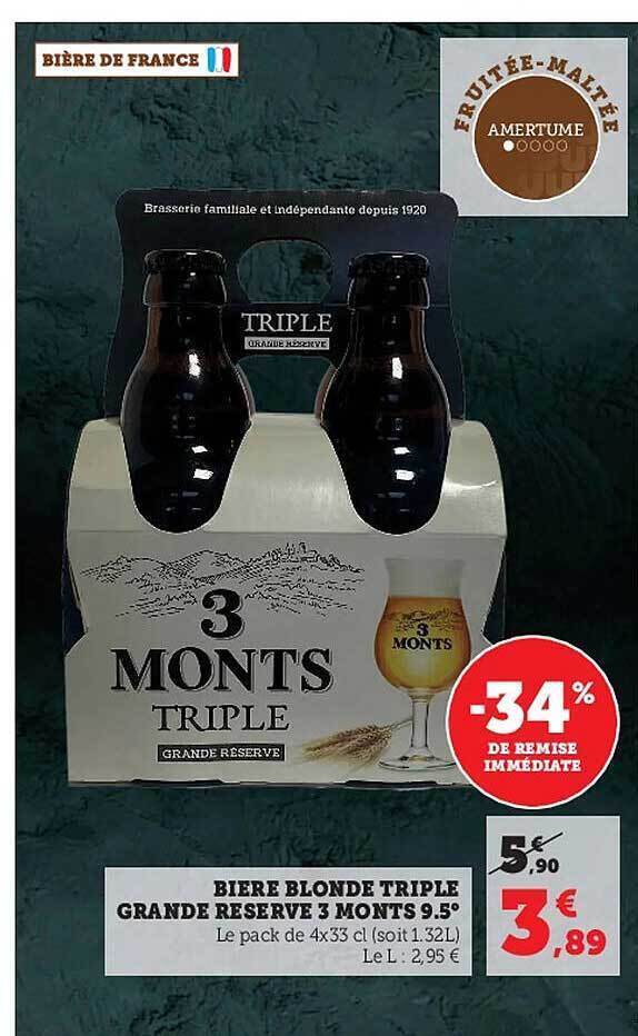 Promo Bière blonde triple grande réserve 3 monts 9 5 chez Super U