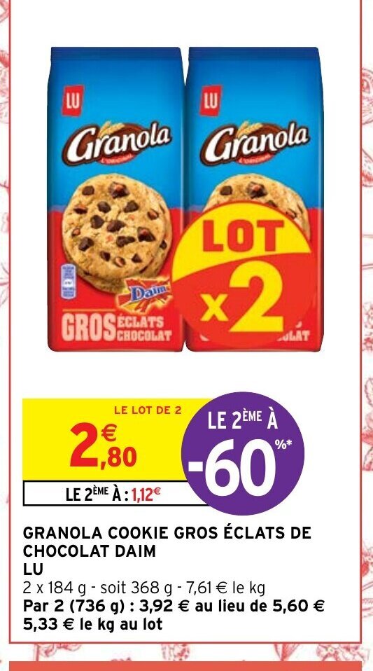 Promo Granola Cookie Gros éclats de Chocolat Daim Lu chez Intermarché