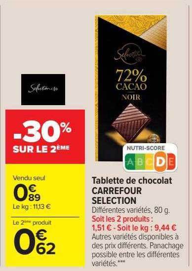 Promo Tablette de chocolat carrefour sélection chez Carrefour Market