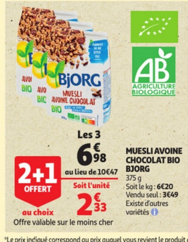 Promo Muesli Avoine Chocolat Bio Bjorg Chez Auchan