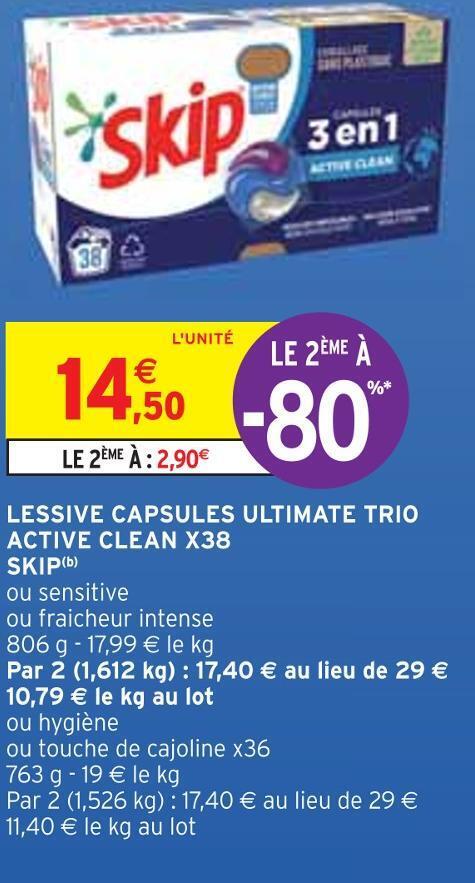 Promo Skip Lessive Capsules Ultimate Trio Active Clean X B Chez