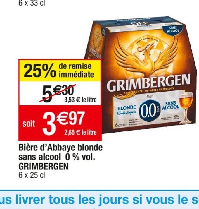 Promo Bière d Abbaye blonde sans alcool 0 vol GRIMBERGEN chez Cora