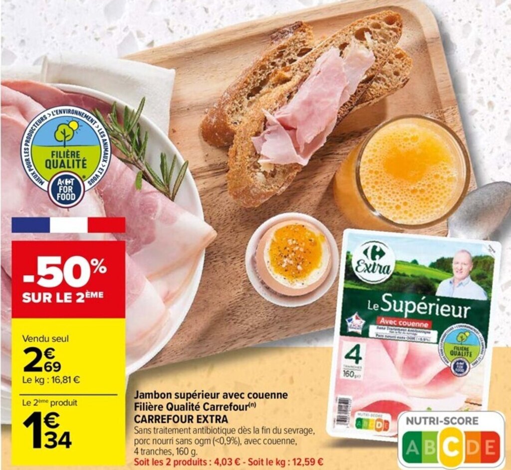 Promo Jambon supérieur avec couenne Filière Qualité Carrefour Extra