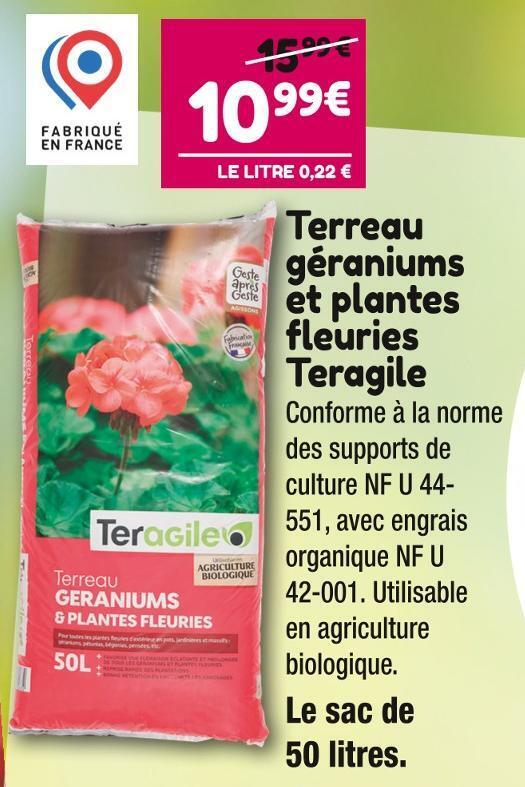 Promo Teragile terreau géraniums et plantes fleuries chez Point Vert