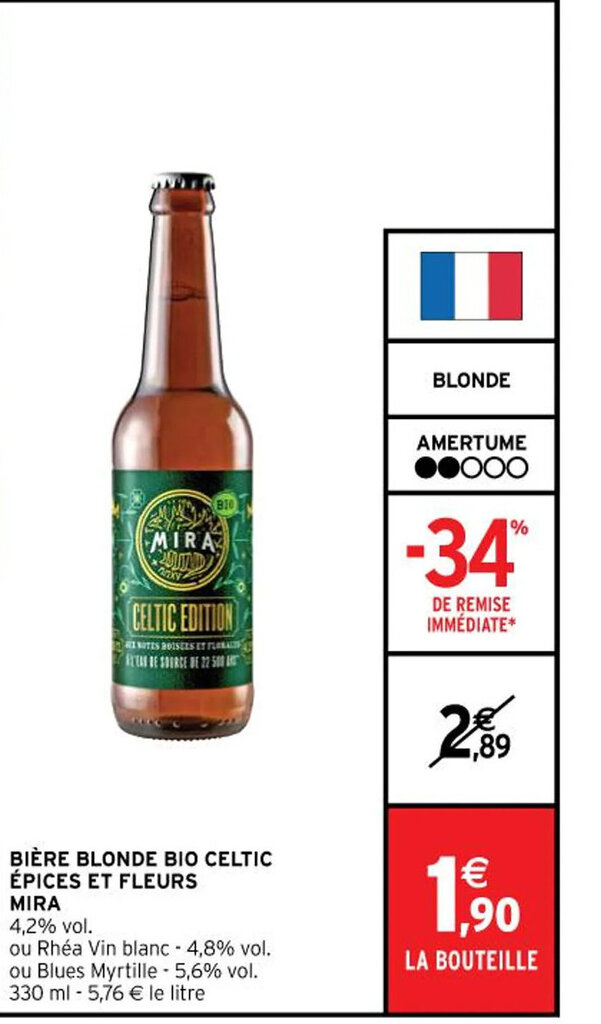 Promo BIÈRE BLONDE BIO CELTIC ÉPICES ET FLEURS MIRA chez Intermarché