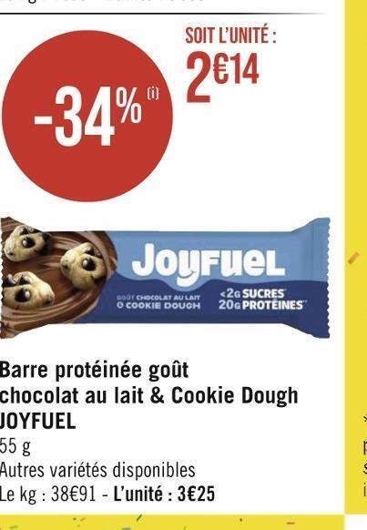 Promo Joyfuel barre protéinée goût chocolat au lait cookie dough chez