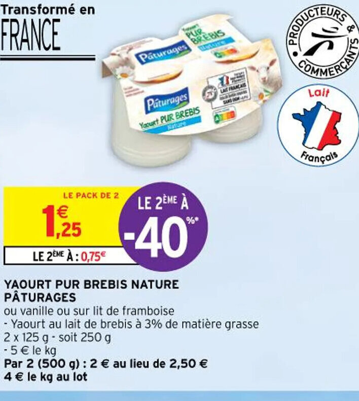 Promo YAOURT PUR BREBIS NATURE PÂTURAGES chez Intermarché Hyper