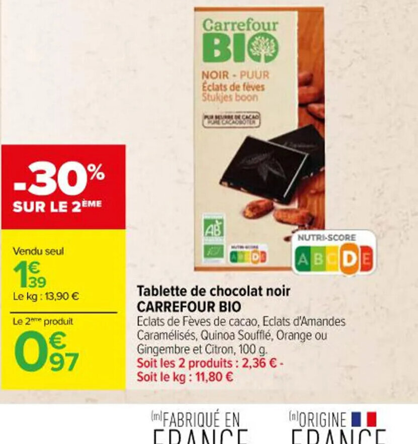 Promo Tablette De Chocolat Noir CARREFOUR BIO Chez Carrefour