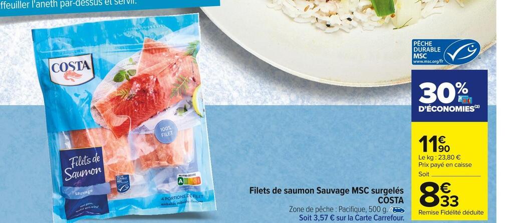 Promo Costa filets de saumon sauvage msc surgelés chez Carrefour Market