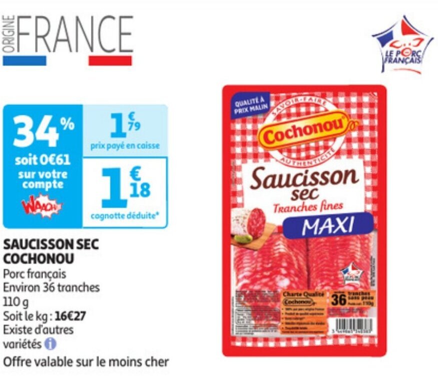 Promo SAUCISSON SEC COCHONOU Chez Auchan