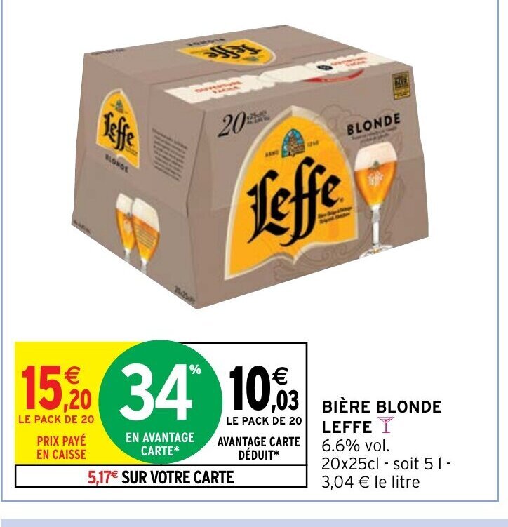 Promo BIÈRE BLONDE LEFFE Y 6 6 vol 20x25cl soit 51 3 04 le litre