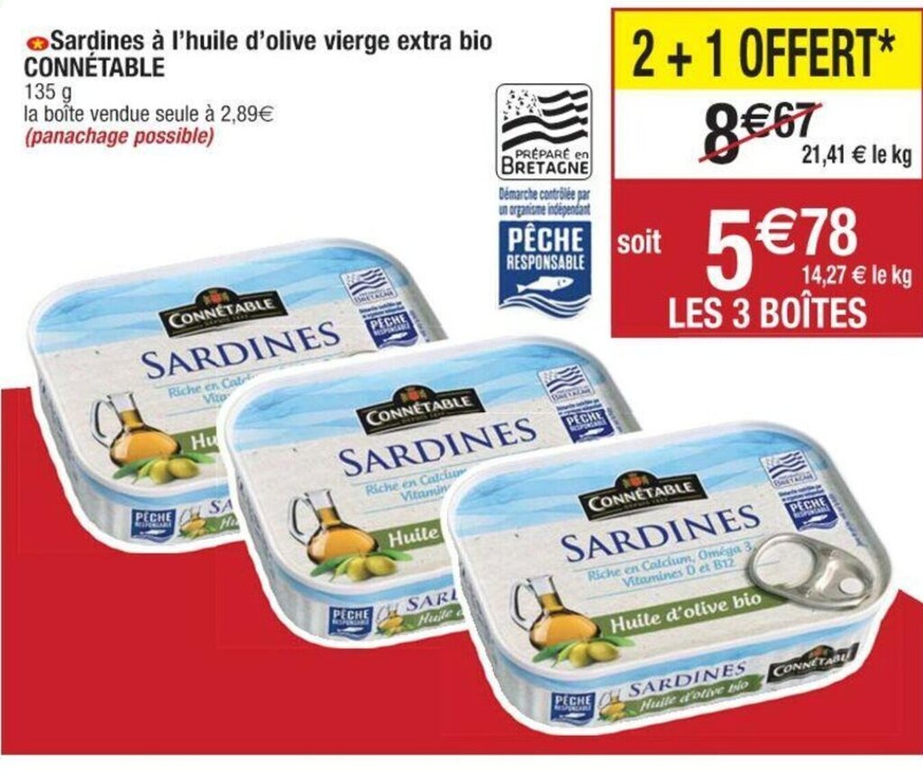 Promo Sardines à l huile d olive vierge extra bio CONNÉTABLE chez Cora