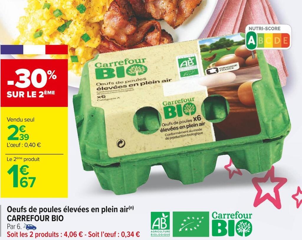 Promo Carrefour bio oeufs de poules élevées en plein air chez Carrefour