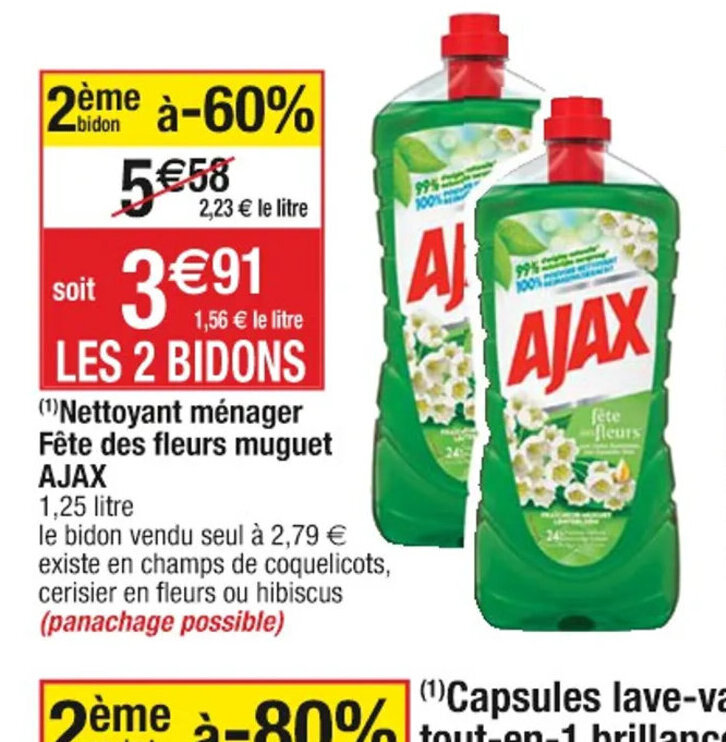 Promo LES 2 BIDONS ¹ Nettoyant ménager Fête des fleurs muguet AJAX