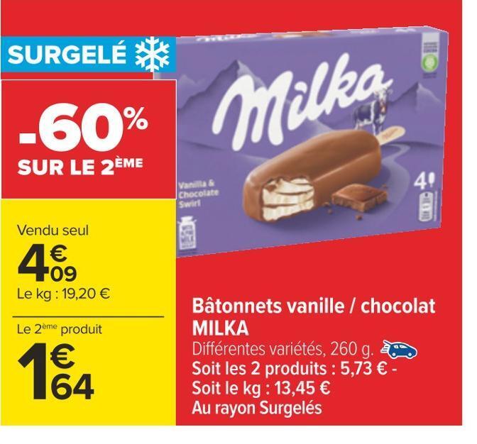 Promo Milka bâtonnets vanille chocolat chez Carrefour