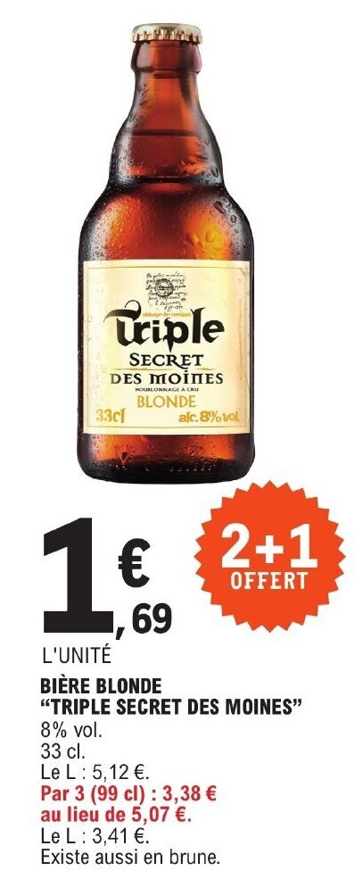 Promo BIÈRE BLONDE TRIPLE SECRET DES MOINES chez E Leclerc