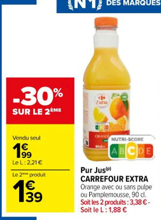 Promo Pur Jus P Carrefour Extra Orange Avec Ou Sans Pulpe Ou